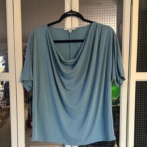 Green Envelope Light Blue Draped Cowl-Neck Blouse